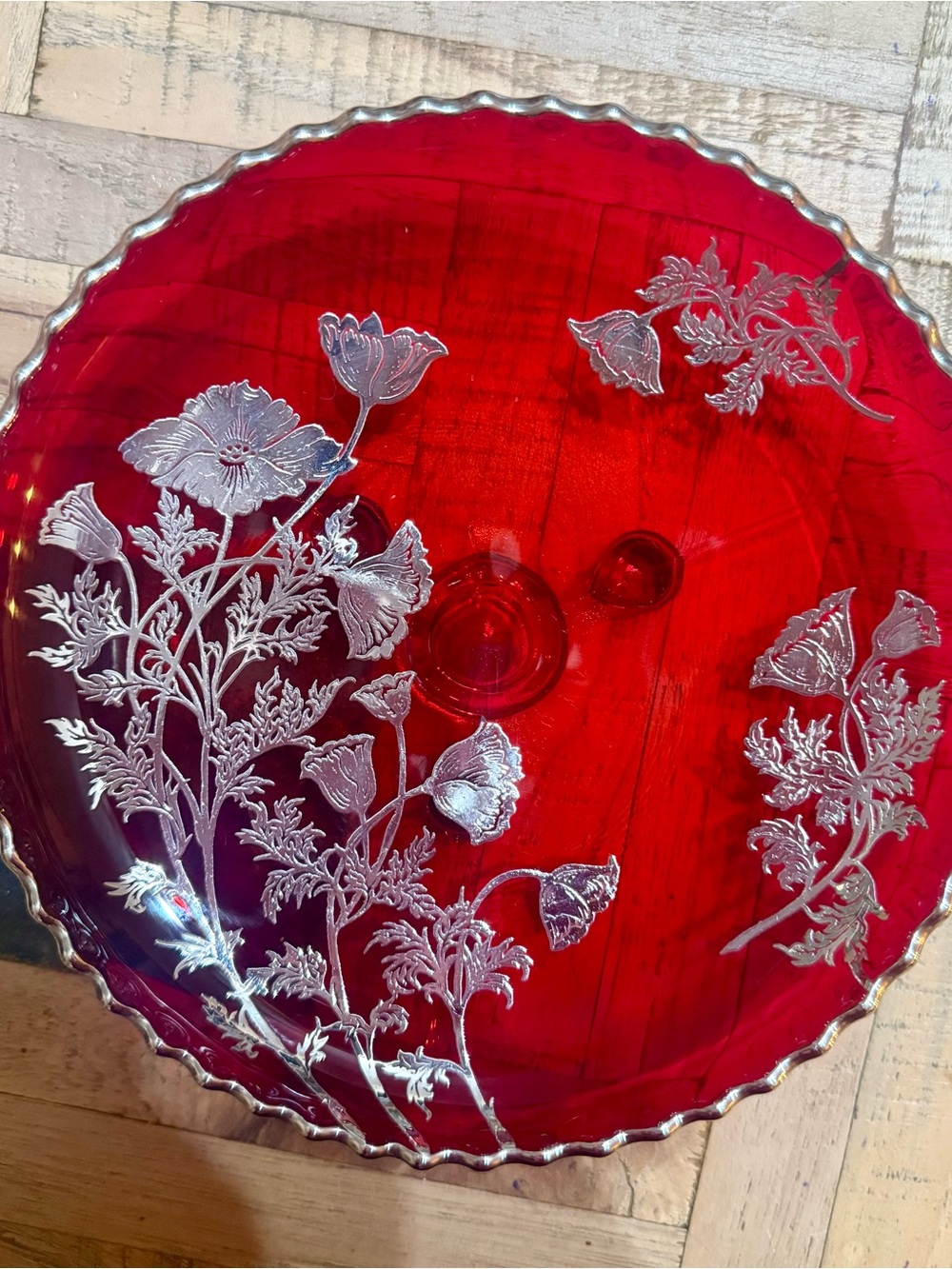 Vtg Silver City Flanders RubyRed Glass Footed Bowl Sterling Silver Overlay Poppy